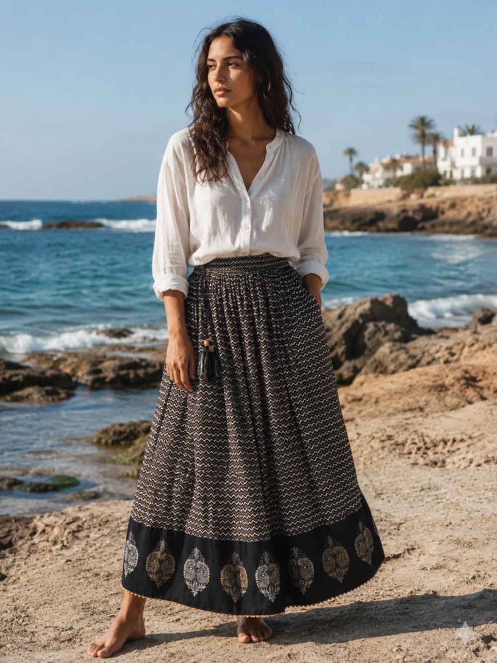 100% Cotton maxi skirt XL black/metallic tassel pull on beach boho coastal